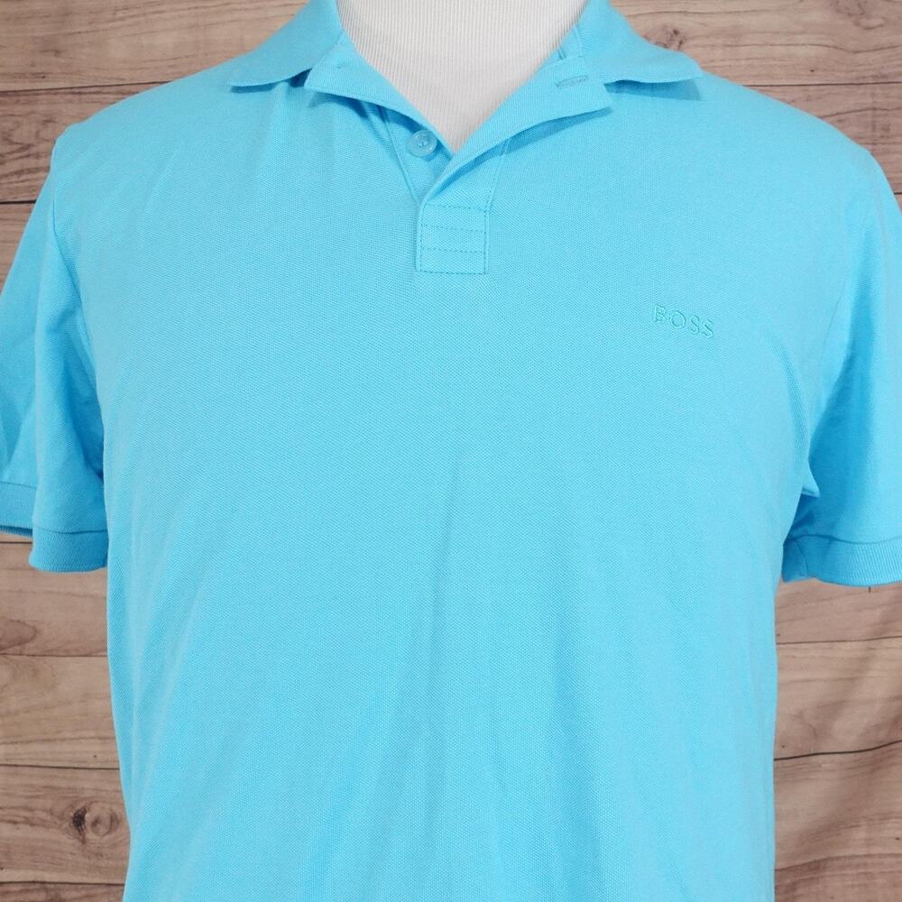 Hugo Boss Polo Shirt Mens Large Blue Regular Fit Cotton Knit Logo Casual Golf